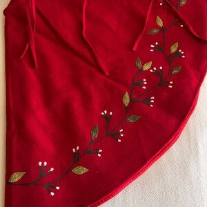 Ruby Red Wool Christmas Tree Skirt with Embroidered Leaf Detail